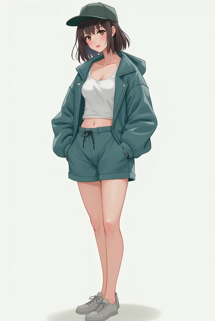 Girl on a white background with size 4 breasts with medium ass in a blue green jacket and shorts