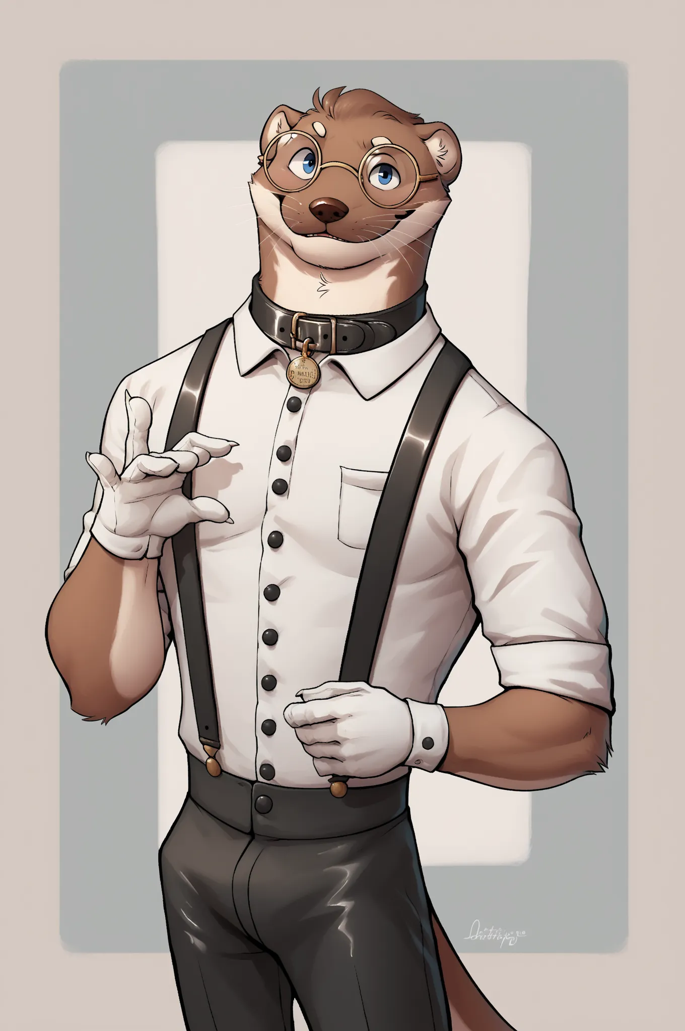 Otter, clifford tibbits, male, solo, blue eyes, glasses, smug, pants, suspenders, glossy leather collar, leather collar around his neck, round collar tag, fancy white gloves, cufflinks, shirt pose, posing, pinup, sexy pose, 
BREAK masterpiece, best quality...