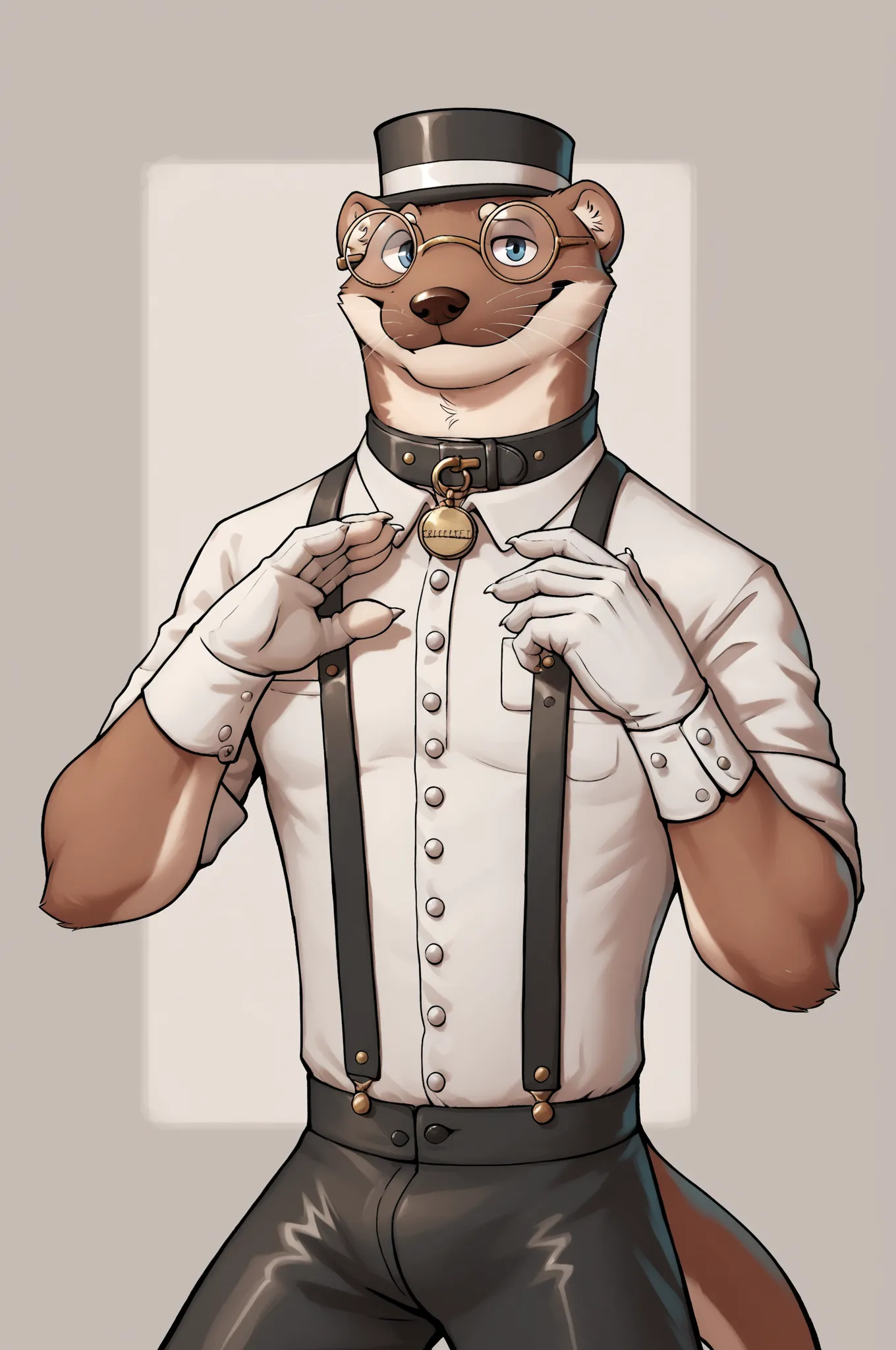 Otter, clifford tibbits, male, solo, blue eyes, glasses, smug, pants, suspenders, glossy leather collar, leather collar around his neck, round collar tag, fancy white gloves, cufflinks, shirt pose, posing, pinup, sexy pose, 
BREAK masterpiece, best quality...