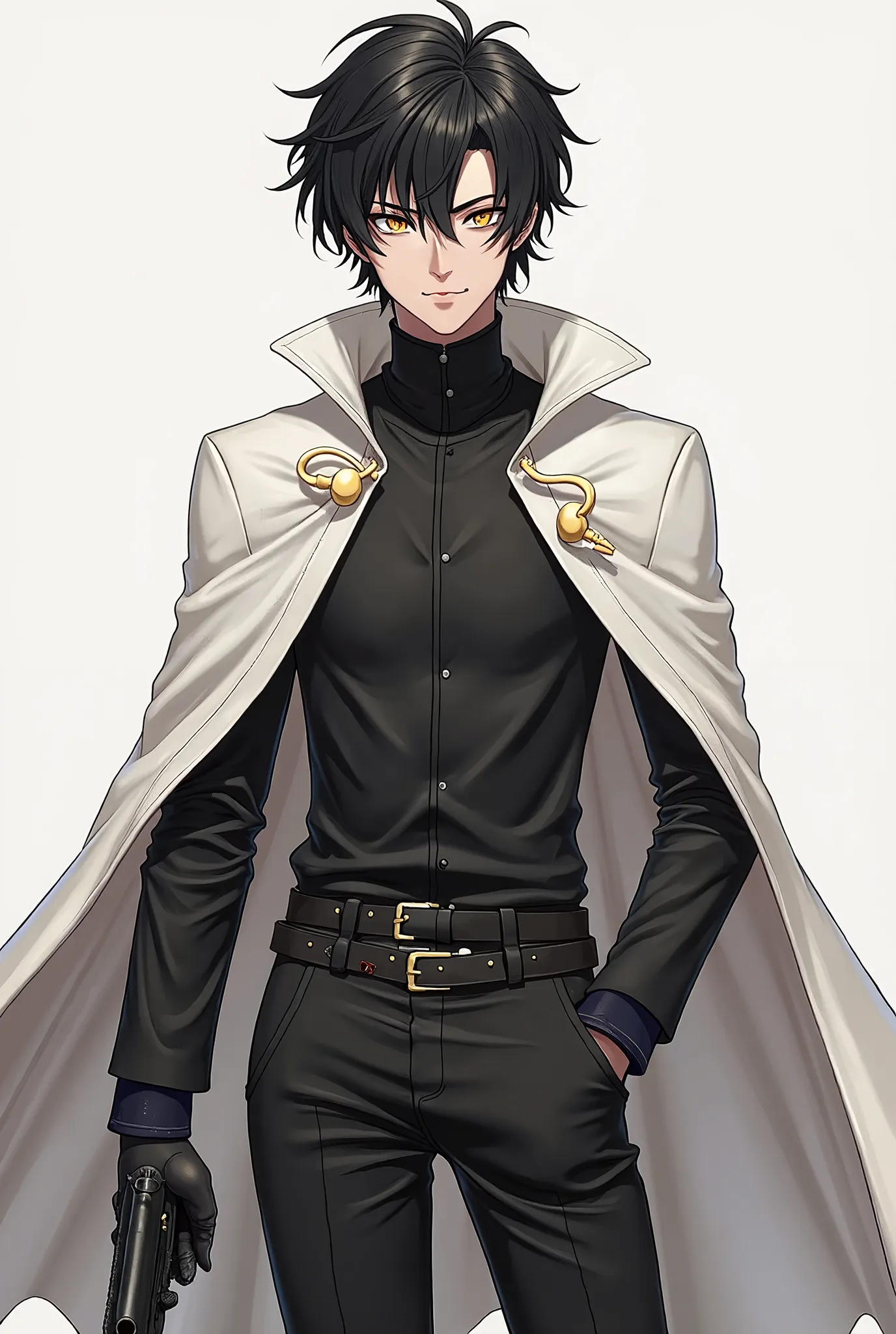 handsome anime young man with black messy hair, yellow eyes, smug face expression, white overcloak, black clothes, black gloves, holding gun, neutral background, 3d art,