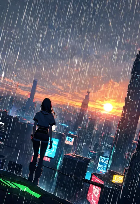 best quality, top quality, 8k, high resolution, ultra detailed, extremely detailed, realistic, safe rating, a decadent city with acid rain, a woman's back in the rain, solo, sun shower, cyberpunk,