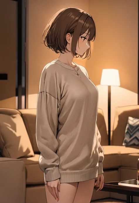 op quality, masterpiece, high resolution, 8k, (1 girl ), Alone, (cowboy shot), (((An expressionless married woman ))),  summer sweater, (Living room at night), milf, ((( brown short hair))), ((( casual fashion ))), profile