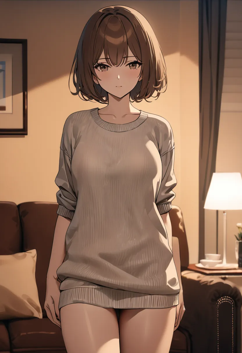 op quality, masterpiece, high resolution, 8k, (1 girl ), Alone, sexy, (cowboy shot), (((An expressionless married woman ))),  summer sweater, (Living room at night), milf, ((( brown short hair))), ((( casual fashion )))