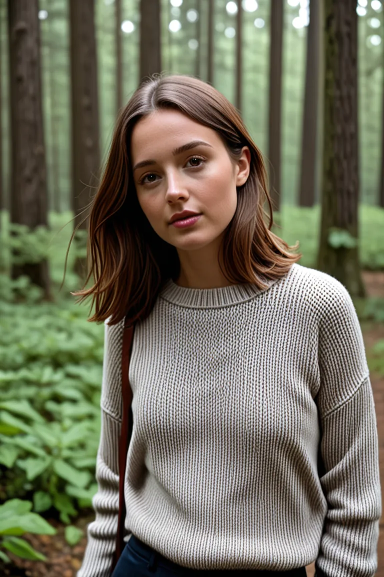 closeup headshot of S215_LilyaBraun,a beautiful woman,in a (forest:1.1),wearing a (sweater:1.1),(8k, RAW photo, best quality, depth of field, ultra high res:1.2),(absurdres, intricate, photorealistic, masterpiece, ultra-detailed:1.3),