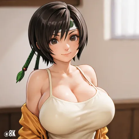 1 fille, Solo, oppai, yuffie, yuffie kisaragi, final fantasy 7, she is holding her bossom with her arms, fully clothed, casual clothes, sfw, 8K, HDR, OCTANE