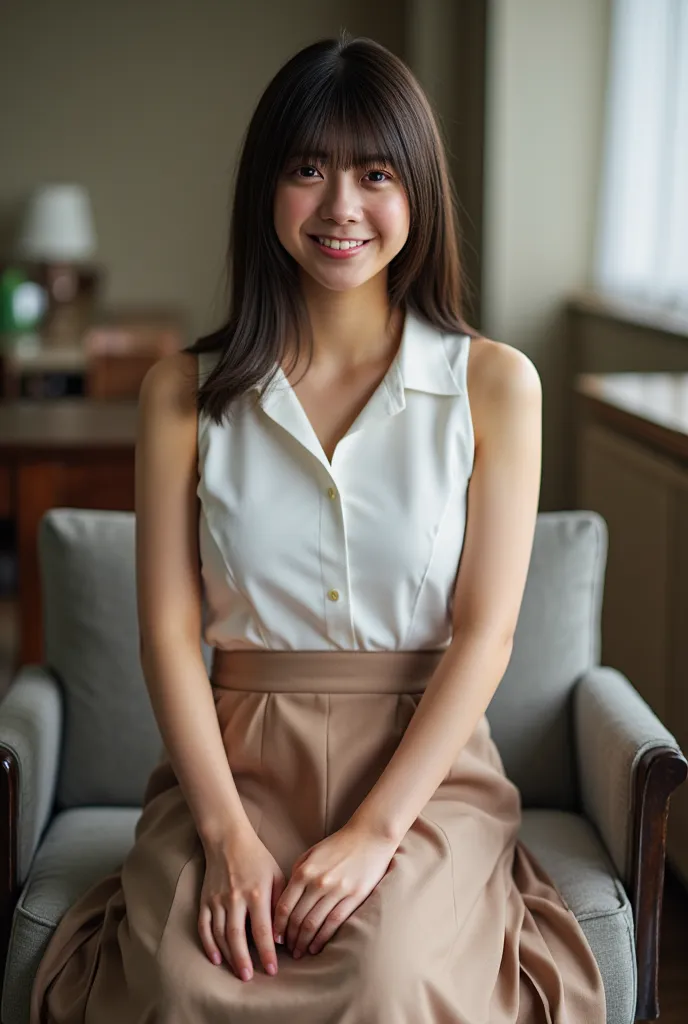 nsfw, ((TOP QUALITY)), ((8k)), (( masterpiece:1.3)), (Perfect Look), ( photorealism:1.2), ((Woman sitting on chair)), Japanese women, (52 years old),  Married Woman,  smiles gently, short bang,  long hair, ( long hair with one curl at the end), sleeveless,...