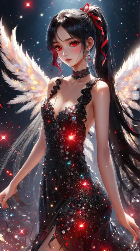  One girl ,  red eyes,  very long hair,  high res, accurate,  top quality ,  High Details,  crystal earrings , Over overlooking,  Ring of Angels , jewelry、
1 girl, Full body　HD　 realistic photo images　Scattered red sparkles　 cute dress 　 black hair　ponytai...