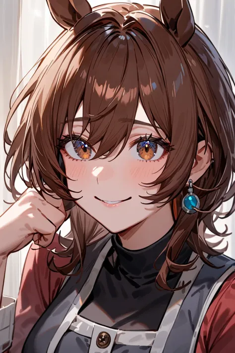 1girl Uma Musume Brown Hair Wolf Cut Her Hair Is Slightly Unkempt, Agnes Stachyon Eyes Are Scarlet, Smiles, Horse Ears Grow, Earrings Like Benzene Rings On Her Right Ear