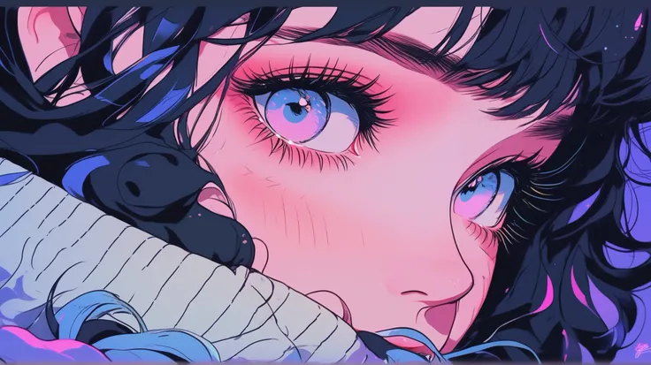 (best quality),Realistic,Illustrator,anime,1 girl , detailed lips, detailed eyes, sweater,custom,fundo degradê lofi aesthetic, neon hair,  textured gradient trimming ,  masterpiece, dark black, lo-fi aesthetics, luminous, Album cover, lo-fi elements, soft ...