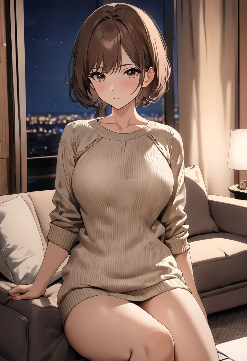 op quality, masterpiece, high resolution, 8k, (1 girl ), Alone, sexy, (cowboy shot), (((An expressionless married woman ))), Beautiful breasts,  summer sweater, (Living room at night), milf, ((( brown short hair))), ((( casual fashion ))), Sit down and sho...