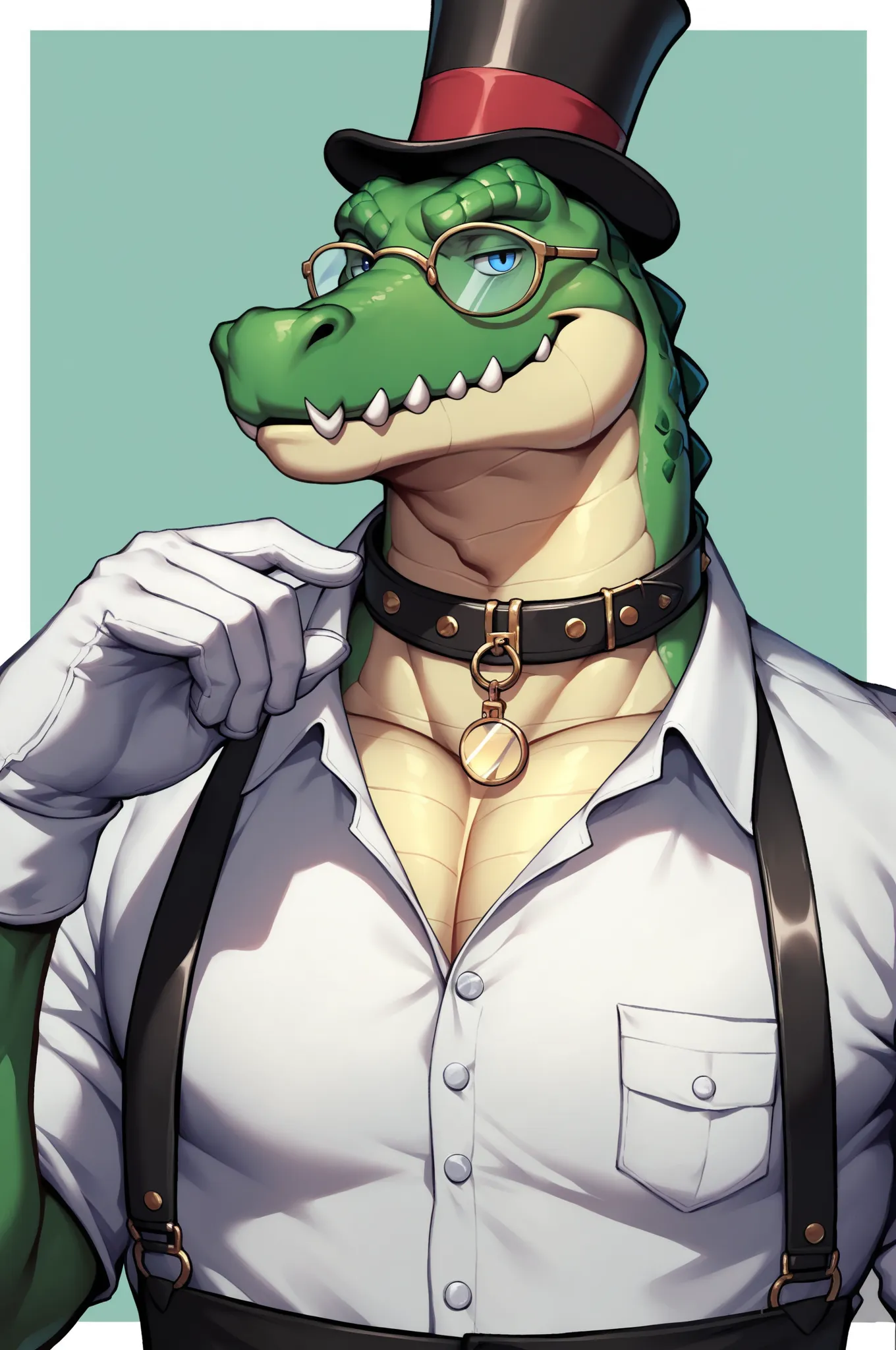 Crocodile, clifford tibbits, male, solo, blue eyes, glasses, smug, pants, suspenders, glossy leather collar, leather collar around his neck, round collar tag, fancy white gloves, cufflinks, shirt pose, posing, pinup, sexy pose, 
BREAK masterpiece, best qua...