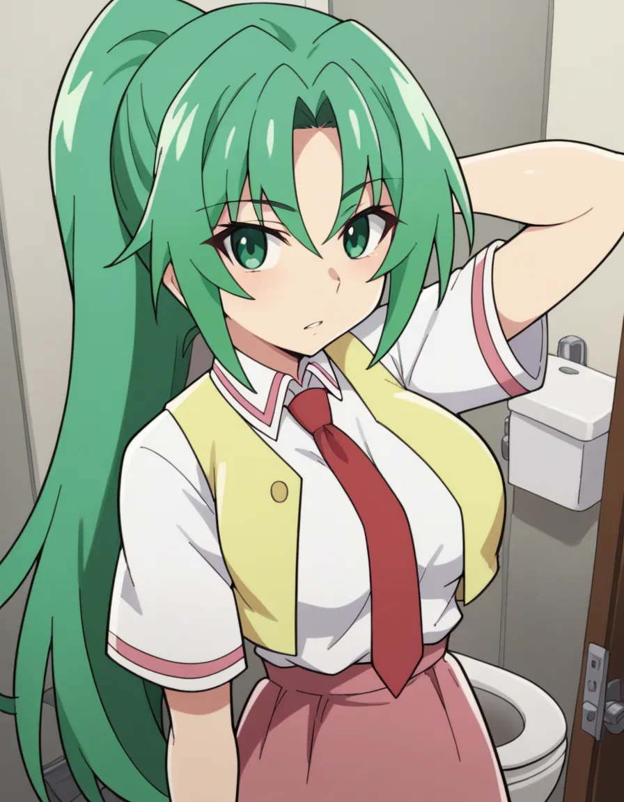 score_9, score_8_up, score_7_up, source_anime, mion sonozaki, long hair, green eyes, ponytail, green hair, large breasts,, skirt, shirt, school uniform, white shirt, short sleeves, necktie, vest, red necktie, pink skirt, high-waist skirt, long skirt, open ...