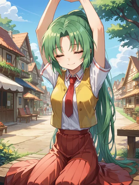 score_9, score_8_up, score_7_up,source_anime,BREAK,
Sonozaki_mion,  white shirt, red necktie, yellow vest, red skirt,
long hair, sitting, closed eyes, head up, outdoors, village, stretching,( arms up:0.9),  light smile, 
