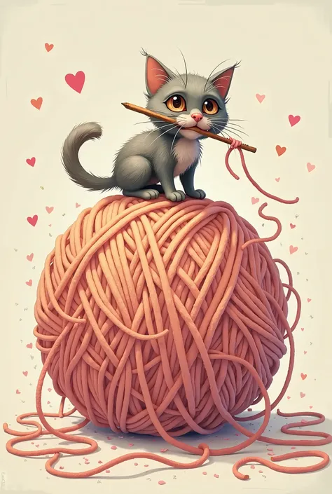 2D shadowless drawing with medium edges in pastel colors of a giant yarn ball unraveling with a cat on it with a crochet hook in its mouth