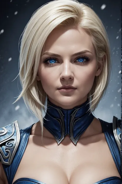 woman, mother supper villain, frost mortal kombat, number 18,  curvys, blonde, short hair,blue eyesboll, brave, detailed face, mini cropped cleavage, background in snow full body
