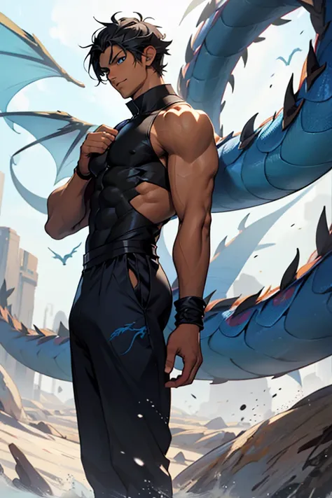 Handsome young man, light blue eyes, blue eyes, short hair, black hair, short black hair, dark skintone, dark tan skin, dark tan skintone, dark blue dragon wings, dark blue dragon wind on back