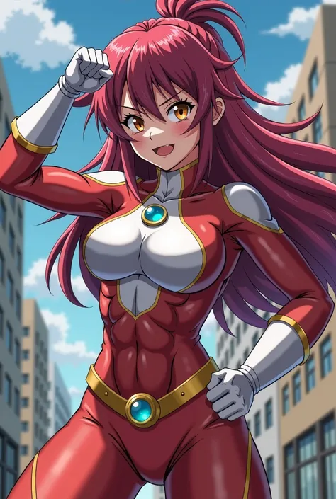  My Hero Academia Style , Anime girl, female, young female,muscular female,Full Body Shot,(fighting Pose:2),Long hair, Red Hair,  Brown Eyes,Hero Suit, Full Body Suit, red suit with white details,small round blue jewel in the center of the chest, perfect a...