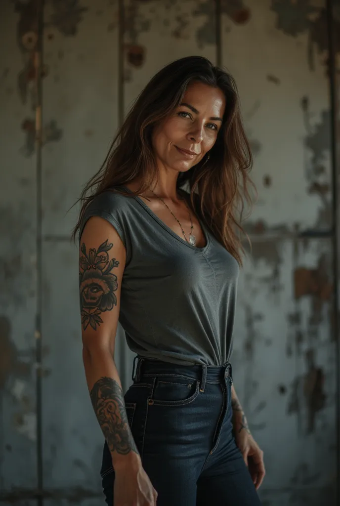 photograph of a european woman, full body, posing, mature woman, 65 years old, aged skin, long legs, tight skinny jeans, very long brown hair, t-shirt, some tattoos, sexy dynamic pose, seductive smirk, dominant, mistress, overwhelming, superior, stepping o...