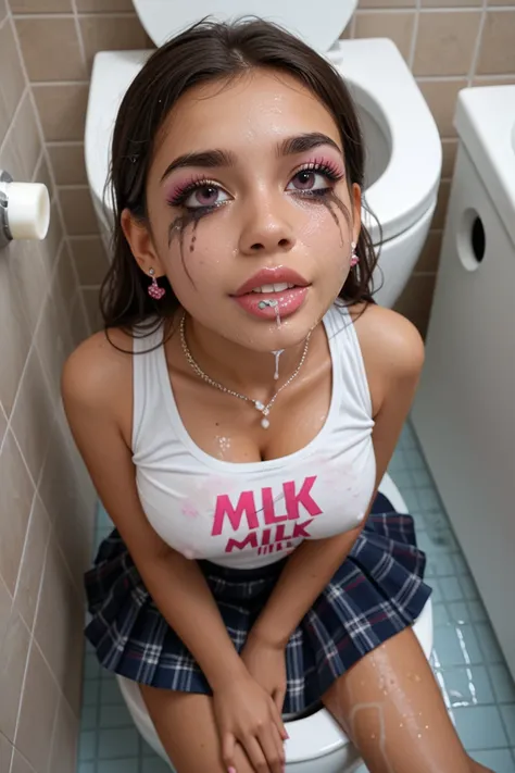 Young cute girls latina horny soaked wet drenched wet cleavage mini skirt ruined mascara pink glitter lip gloss schoolgirl sitting in public toilet dirty toilet dirty bathroom looking up POV  milk on face, milk on cheeks, milk on neck, milk on chest, milk ...