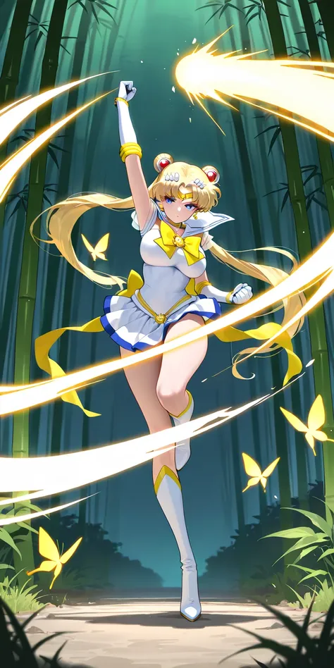 Masterpiece, elegant mature woman, princess moon\(princess moon\), tall body, big breast, while sailor senshi uniform (white sailor senshi uniform skirt, white sailor senshi uniform gauntlets, white sailor senshi uniform high boots, yellow butterfly ribbon...