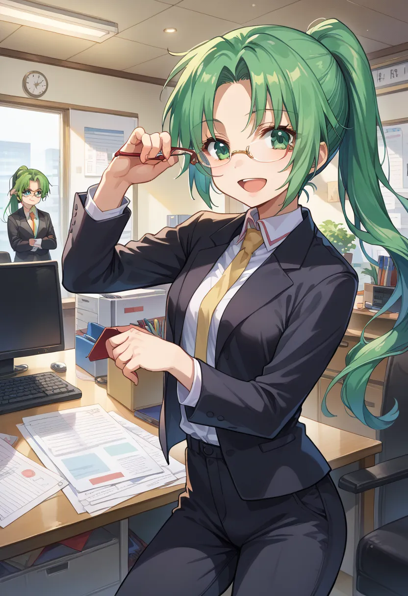 score_9, score_8_up, score_7_up,source_anime,BREAK,
Sonozaki_mion,
ponytail, indoors, office, light smile, looking at viewer, open mouth, black suit, pants, glasses, 
