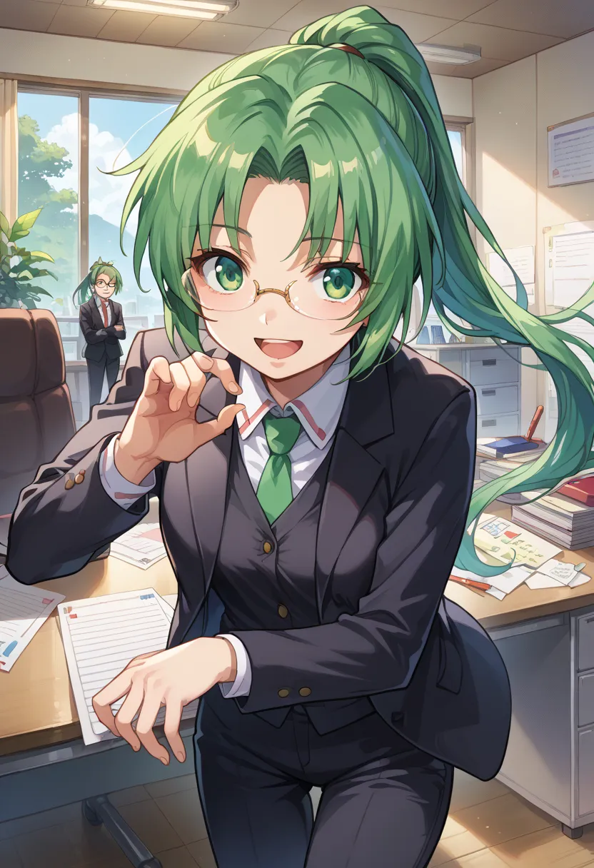 score_9, score_8_up, score_7_up,source_anime,BREAK,
Sonozaki_mion,
ponytail, indoors, office, light smile, looking at viewer, open mouth, black suit, pants, glasses, 
