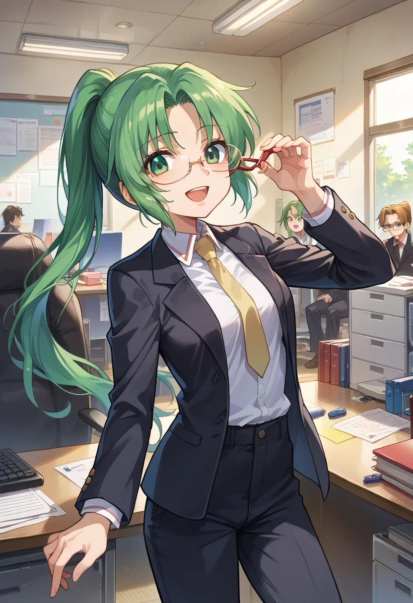 score_9, score_8_up, score_7_up,source_anime,BREAK,
Sonozaki_mion,
ponytail, indoors, office, light smile, looking at viewer, open mouth, black suit, pants, glasses, 
