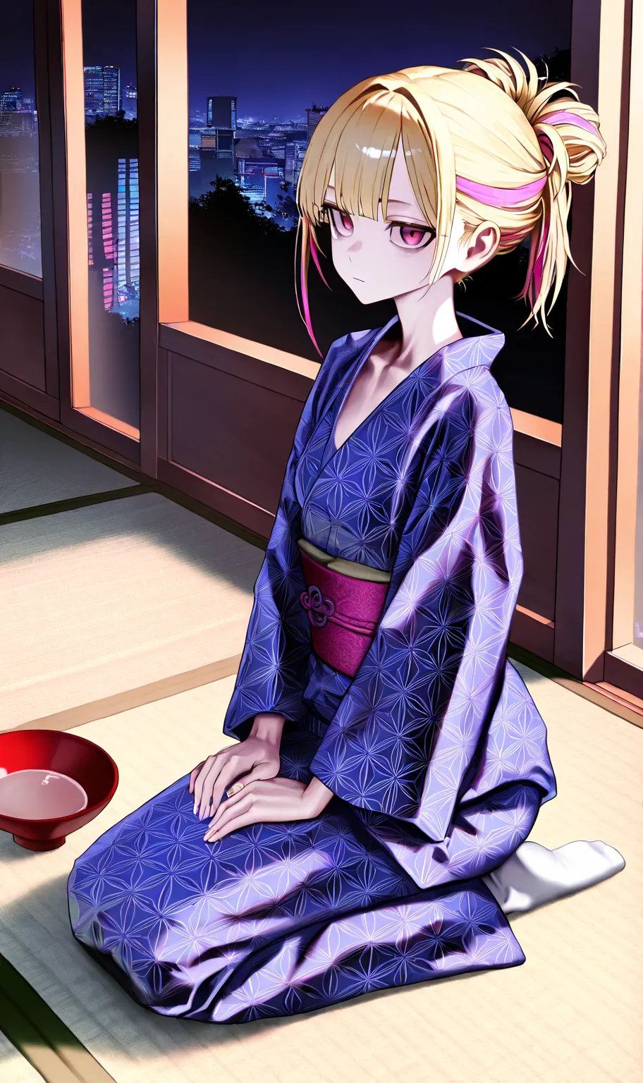 sfw, gyaru, cool beauty, facing, retro future, cyberpunk background, solo girl, japan hairstyle, streaked hair, small breast, [emaciated:1.3], expressionless, Polite, wafuku motif fashion, figure pattern wear, naked seiza, no shoes, tatami, sake_bowl on si...