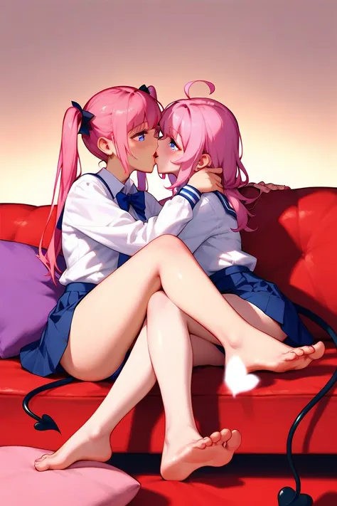 yuri yuri, kiss x sis, multiple girls, 2girls, pink hair, tails, barefoot, skirt, purple eyes, blue eyes, twintails, ahoge, demon tail, long hair, smile, momo velia deviluke, foot focus, sitting barefoot on a couch High Quality, 