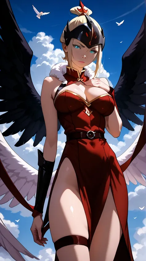 score_9, score_8_up, score_7_up, score_6_up, uncensored, digimon_\(creature\), Azula cosplaying as angewomon, blonde hair, angel_wings, feathered_wings, winged_helmet, helmet, BREAK (masterpiece:1.2), best quality, high resolution,(detailed eyes:1.3), perf...