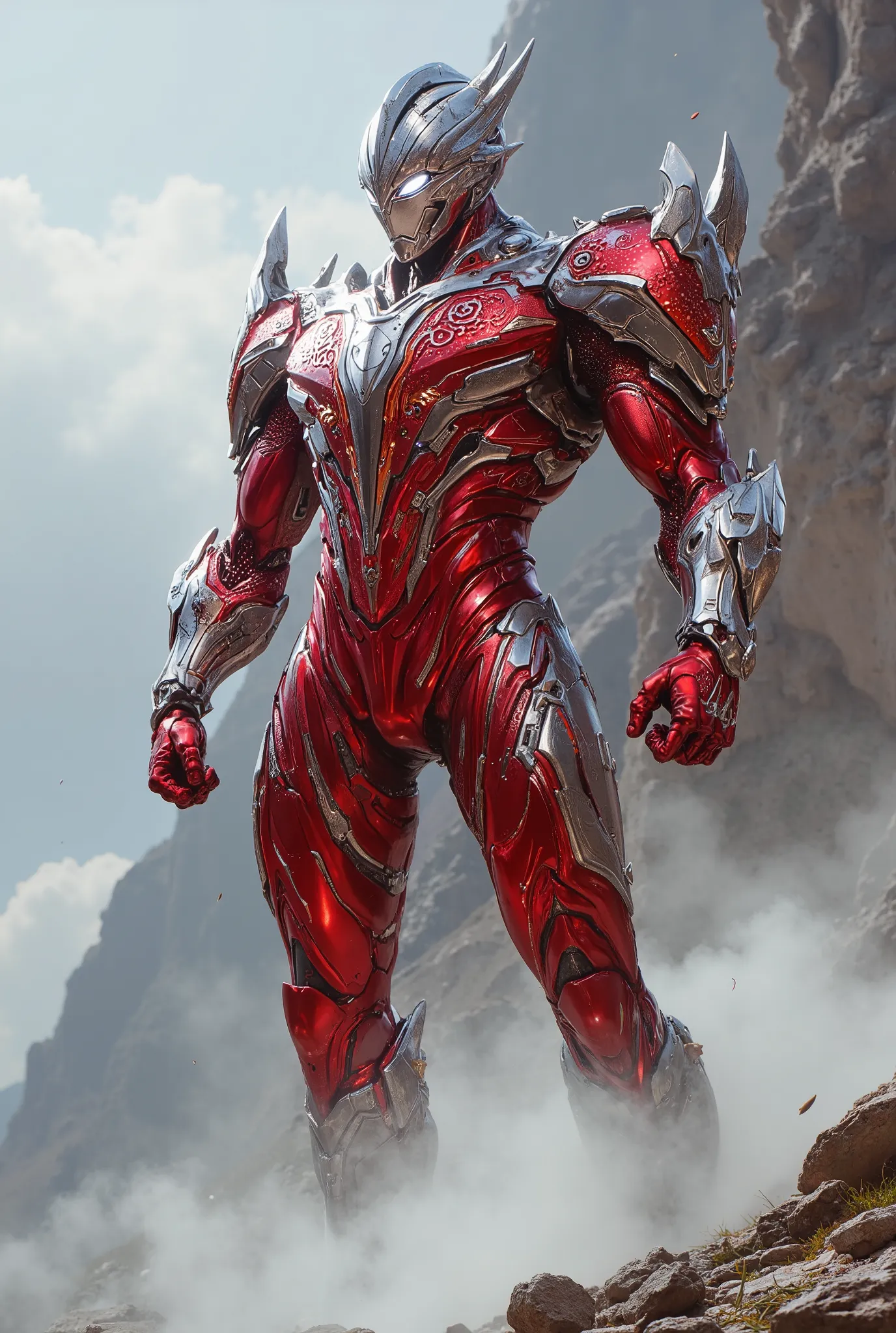 An all-new Ultraman design, Innovative, New innovation , Cool beautiful, ORGANIC DESIGN , red and silver. 40m tall