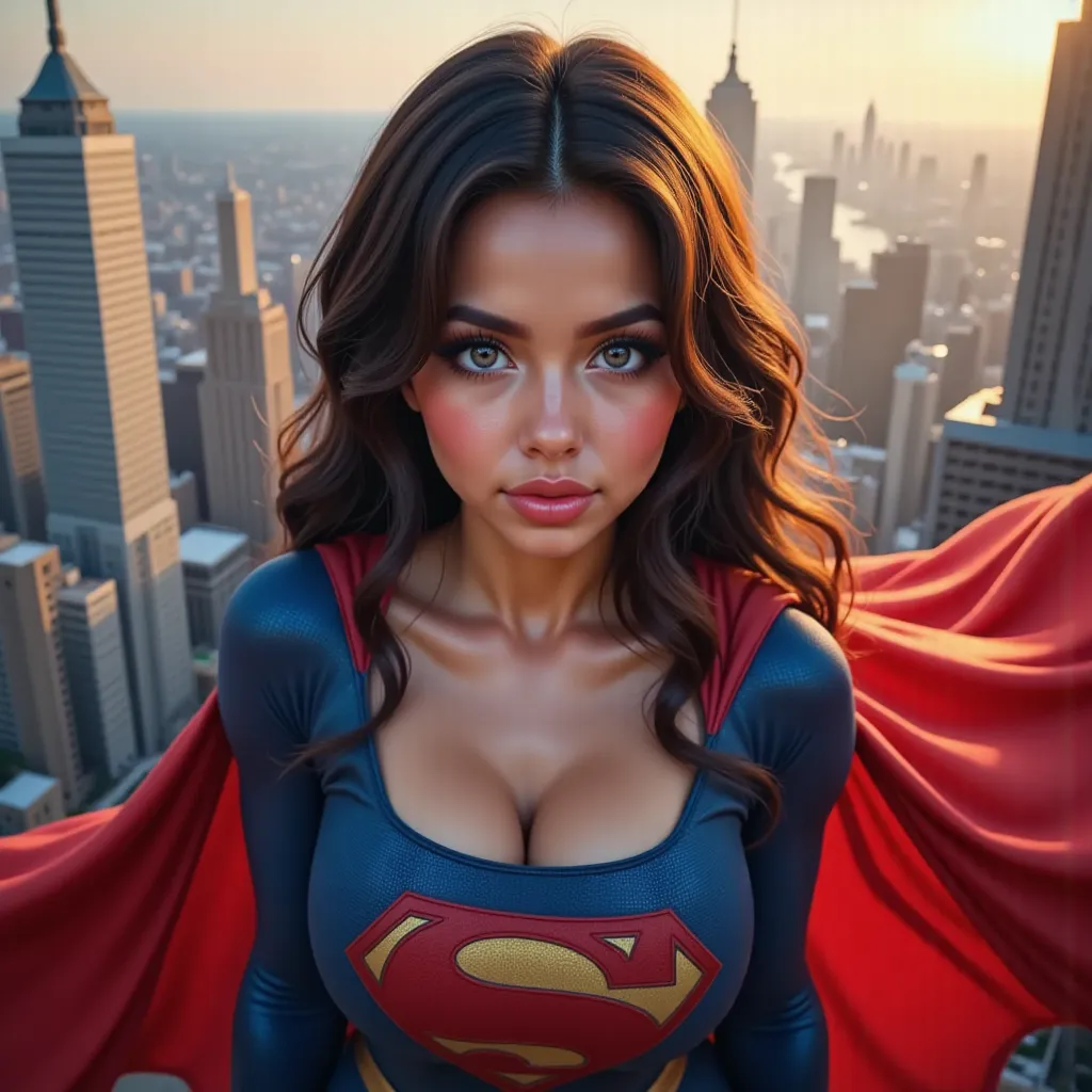 FULL VIEW (YOUNG CUTE AND SEXY) DEEP BLUE EYES. Describe an 18-year-old Latina woman, radiating both youthful innocence and captivating allure, as she embodies a reimagined Superman. Her bright blue eyes sparkle with determination and a hint of mischief be...