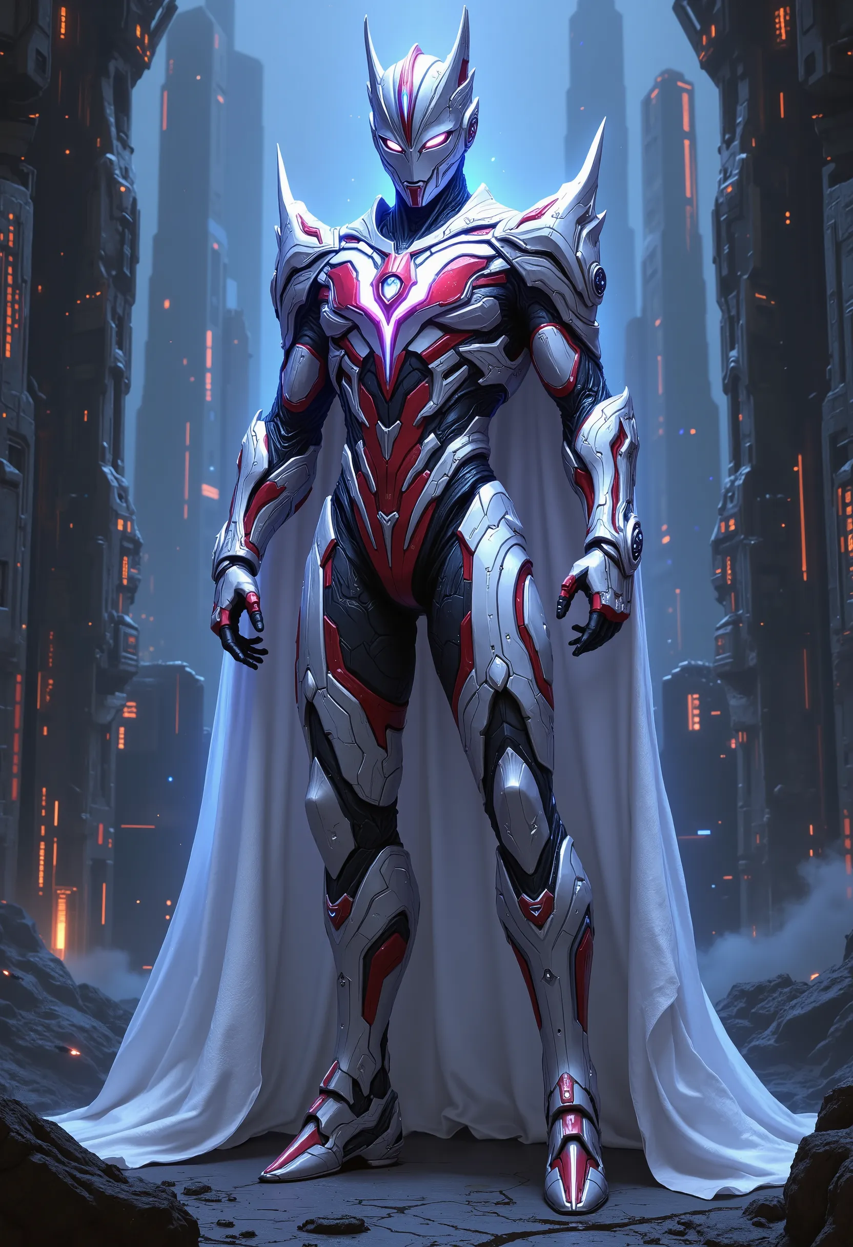 Design a completely original and groundbreaking Ultraman that is unmistakably part of the Ultraman universe but introduces a bold new aesthetic and concept. This Ultraman should retain the iconic humanoid form, glowing eyes, and Color Timer, yet push the b...