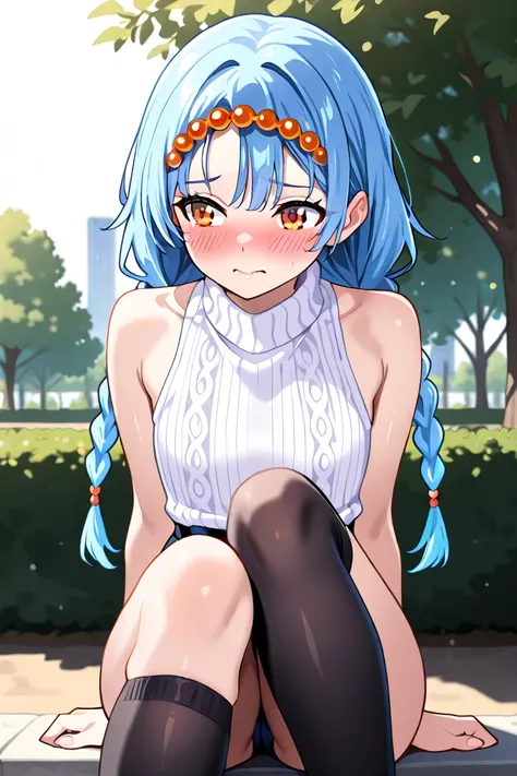 BEST QUALITY, ULTRA DETAILED, PERFECT ANATOMY, HIGH DEFINITION, INTRICATE DETAILS, ALONE, 1girl, long hair, blue hair, a fringe covering her forehead, two small braids on both sides of her head with beads, orange eyes. Sexy outfit, white sleeveless sweater...