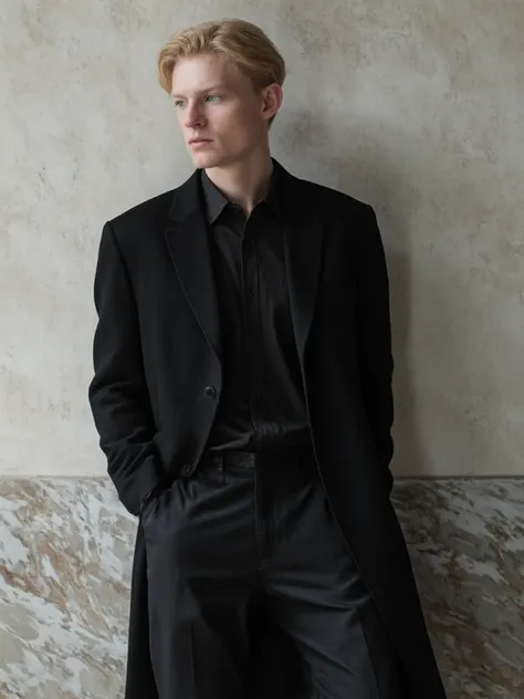 A young, fair-skinned, blond Danish man leans against a classically textured wall with a marbled lower part. He is wearing a long, elegant black coat, a dark shirt and black, lightweight trousers. His gaze is slightly defiant and distant, with a serene and...