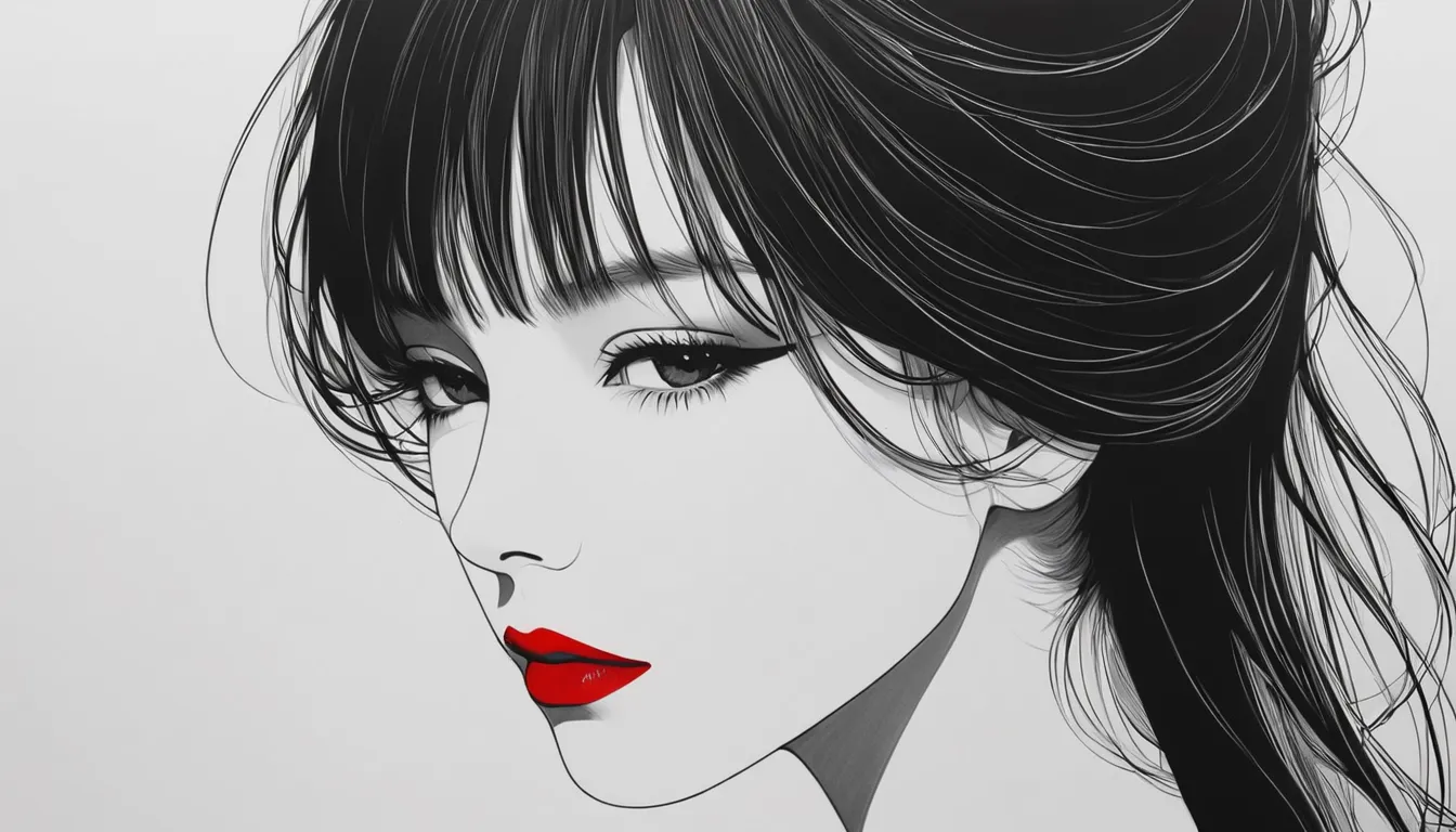 masterpiece, minimal art, line drawing, woman, black and white art, red lips, black and white world, silence, an ennui look, densely drawn