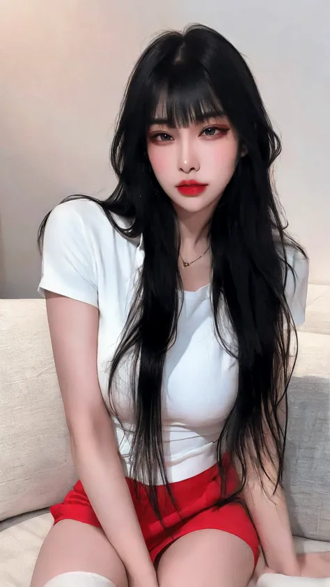 1woman, solo, korean, hottie, long black hair, black eyes, white t-shirt, red skirt, white stocking, make up, eyeliner, looking at viewer, lips, (blunt bangs), blush, sitting, upper body, large breats, (big tits), dinamic poses, sexiest, perfect body, perf...