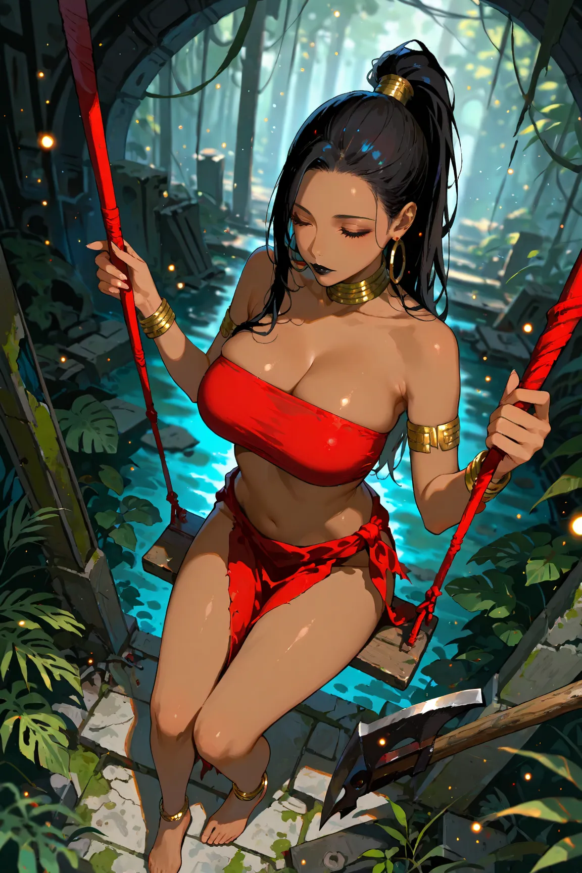 masterpiece, best quality, Good quality, very aesthetic, 1girl, solo, absurdres, large breasts, chixidg, long hair, black hair, dark-skinned female,black lips, ponytail, bracelet, red tube top, armlet, hoop earrings, neck ring, red loincloth, torn clothes,...