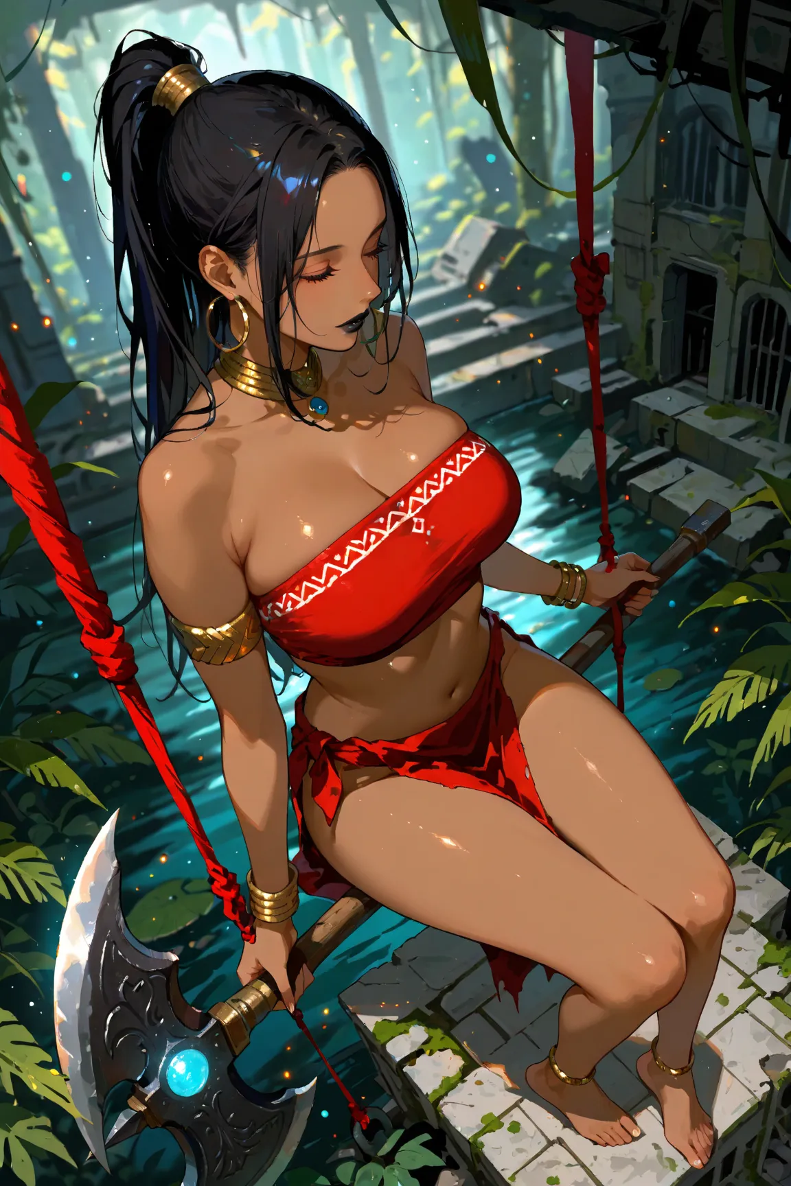 masterpiece, best quality, Good quality, very aesthetic, 1girl, solo, absurdres, large breasts, chixidg, long hair, black hair, dark-skinned female,black lips, ponytail, bracelet, red tube top, armlet, hoop earrings, neck ring, red loincloth, torn clothes,...