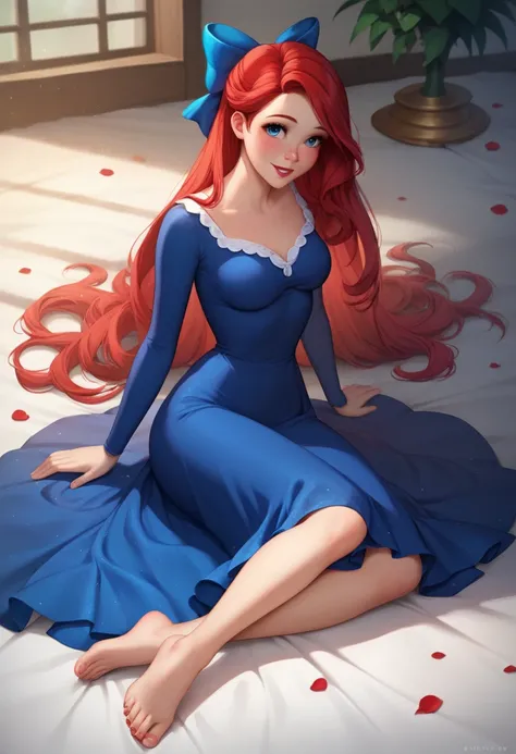 masterpiece,best quality, highly detailed, score_9, score_8_up, score_7_up, score_6_up,source anime,BREAK
 ariel, 1girl, solo, dress, red hair, barefoot, long hair, blue eyes, flower, hair bow, breasts, bow, sitting, looking at viewer, feet, blue dress, to...