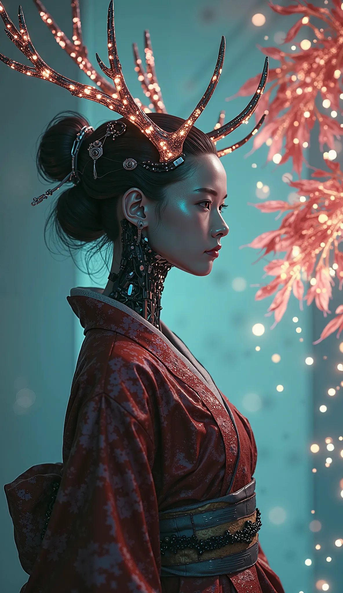 A female android styled as an Edo-period woman, wearing a short kimono and posing with her hand on her hip on the left side of the frame. Her face combines smooth ceramic surfaces with intricate cybernetic enhancements, producing a hauntingly beautiful con...