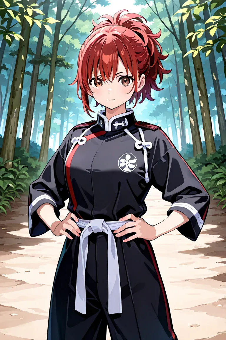 BEST QUALITY, ULTRA DETAILED, PERFECT ANATOMY, HIGH DEFINITION, INTRICATE DETAILS, ALONE, 1girl, , reddish-brown eyes, short hair, red hair, messy ponytail. Attire: martial uniform, armored clothing, samurai style, black jumpsuit underneath. Background: fo...