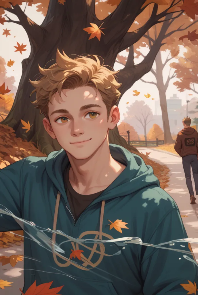 A man like him, is wandering through the woods in autumn, is completely happy and calm, Closed Mouth, walking, falling leafs 