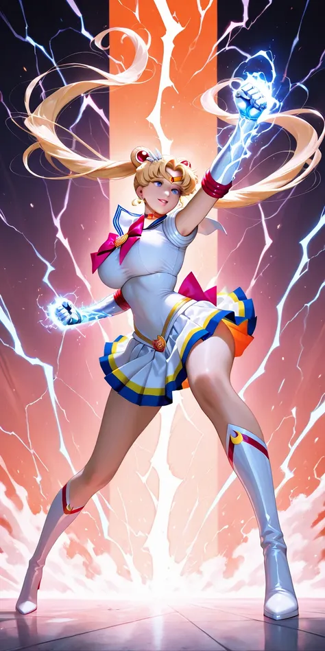 Masterpiece, newest, vibrant, very aesthetic, high contrast, mature woman, sailor moon\(sailor moon\), tall , big breast, white sailor senshi uniform (white uniform shirt, white uniform gauntlets, pink ribbon on hips, white uniform skirt, white uniform hig...