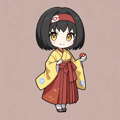 1girl, chibi-dol, pokemonerika, yellow eyes, black hair, headband, short hair,
japanese clothes, kimono, hakama, red hakama, long sleeves, wide sleeves, has pokeball, simple background,