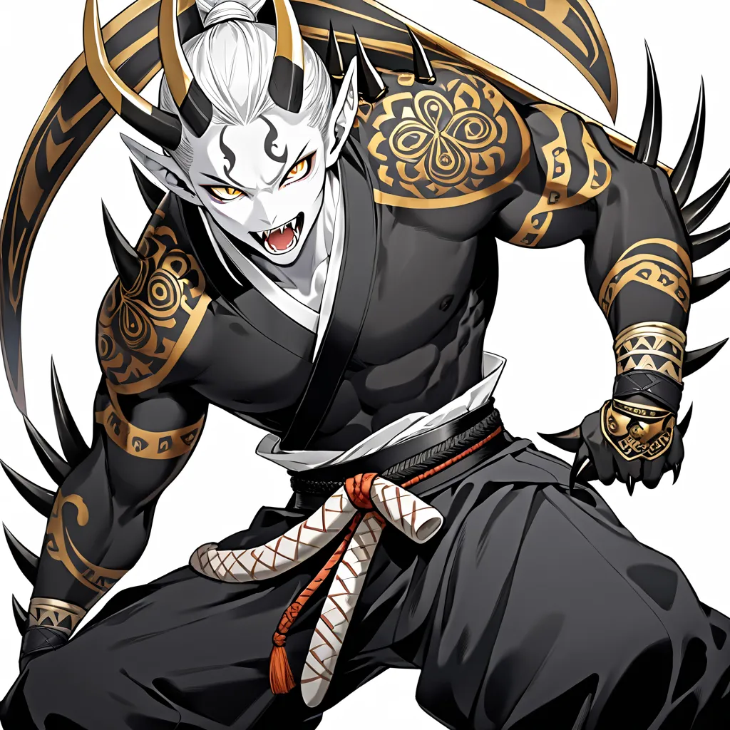 BEST QUALITY, ULTRA DETAILED, PERFECT ANATOMY, HIGH DEFINITION, INTRICATE DETAILS, MALE, ALONE, 1boy, toned, white skin with several black tribal designs on the body, sharp claws, fangs, golden eyes, slit iris, pointy ears. Attire: Dressed in a pair of bag...