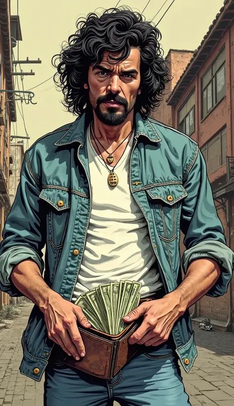 Create a very high quality image, in drawing, Old comic book style, Raul Seixas with clothes from the 80s, With worker's clothes, Opening the wallet with cash 