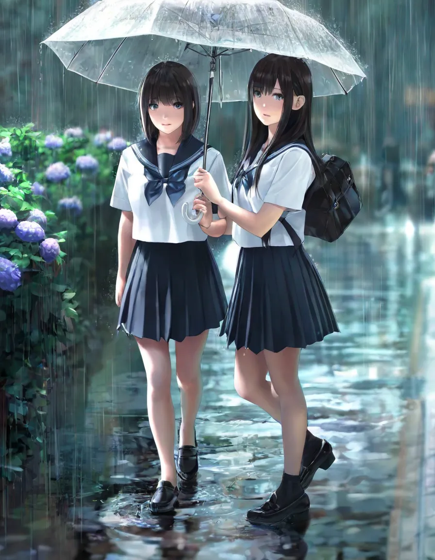 A beautiful romantic portrait of two girls in school uniforms sharing an umbrella in the rain, their bras slightly visible, with exquisitely detailed eyes and faces, soft natural lighting, and a serene color palette, masterfully composed like a movie scene...