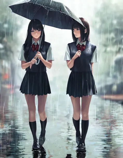 A beautiful romantic portrait of two girls in school uniforms sharing an umbrella in the rain, their bras slightly visible, with exquisitely detailed eyes and faces, soft natural lighting, and a serene color palette, masterfully composed like a movie scene...