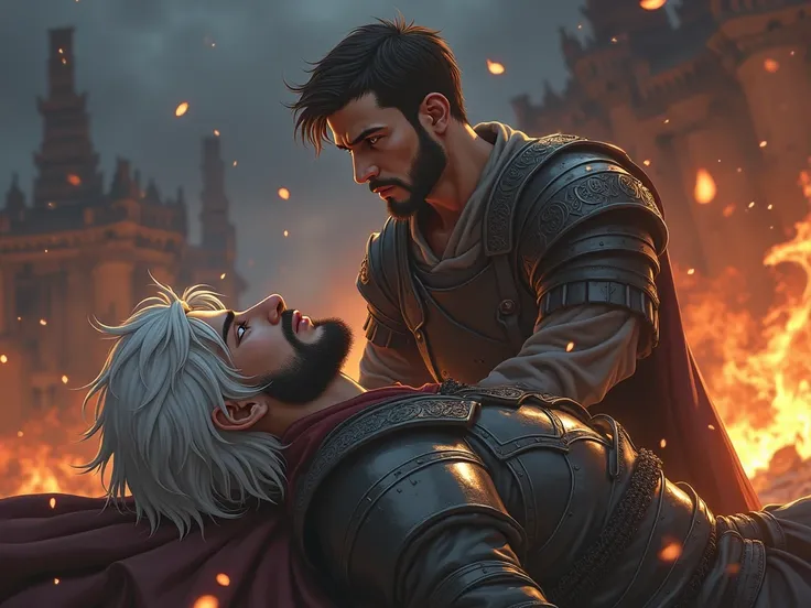 Adult man with short brown hair and short beard looking at a warrior white-haired man without a beard fainted on the ground in a burning kingdom at night realistic medieval anime style 